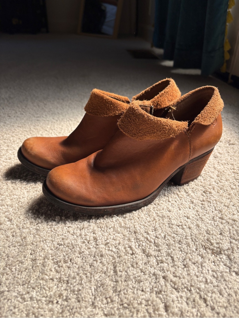 Born Brown Leather Ankle Booties with Stacked Heel